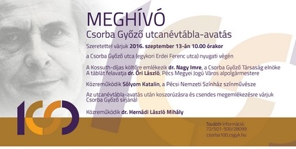 Felavatják Csorba Győző utcanévtábláját Felavatják Csorba Győző utcanévtábláját